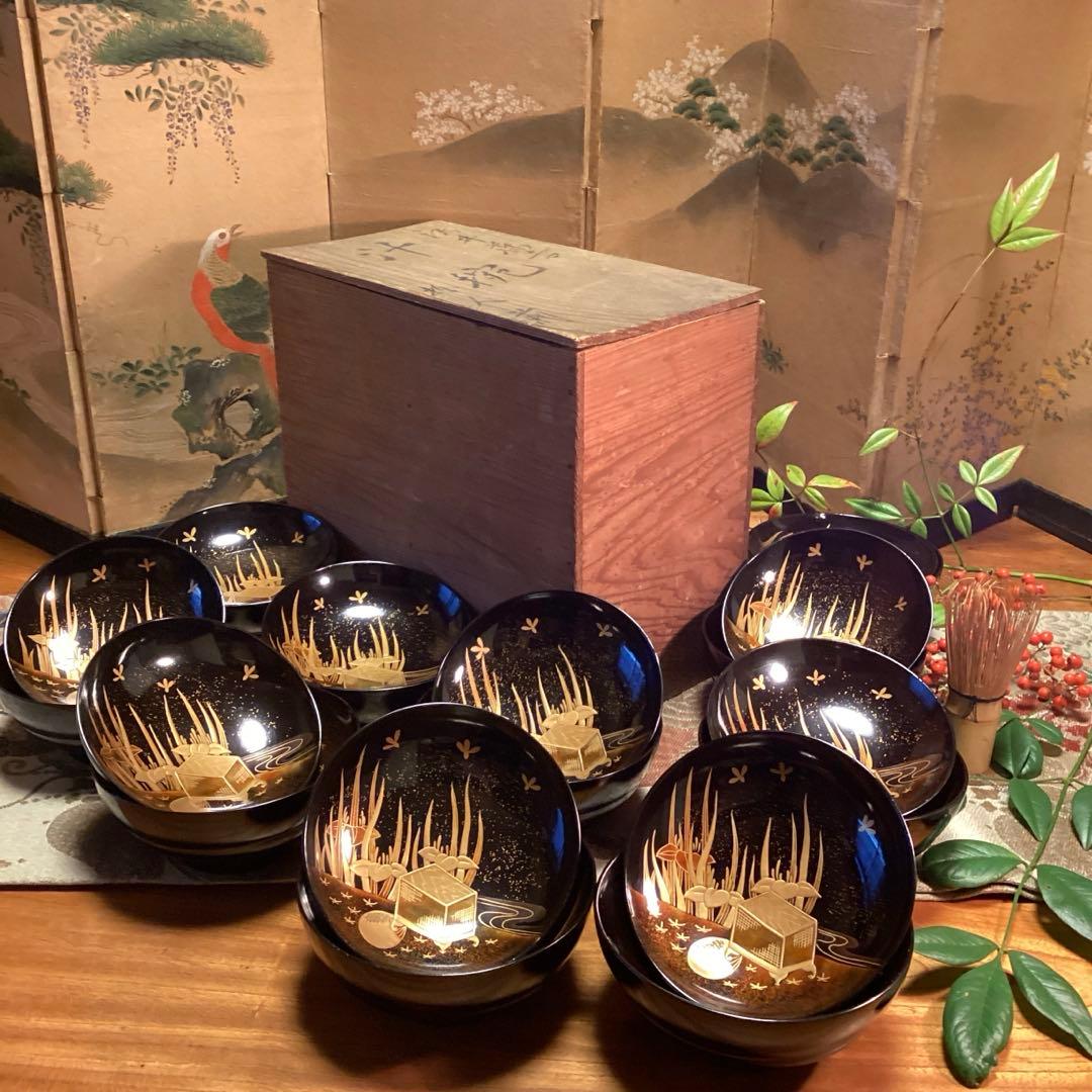 A1035 木製輪島塗　懐石道具　衝羽根に流水菖蒲　蒔絵　5客