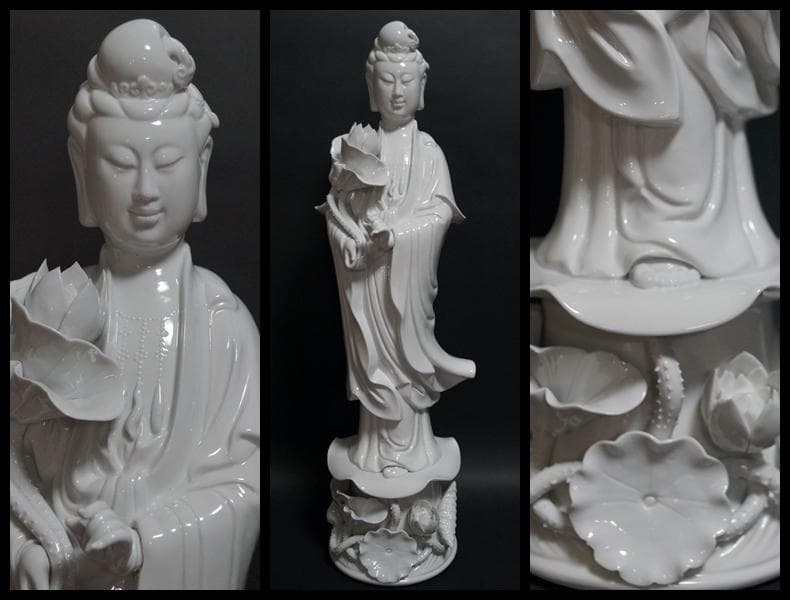 中国美術白磁蓮上観音立像唐木台付置物仏像〈検徳化窯観音菩薩青磁