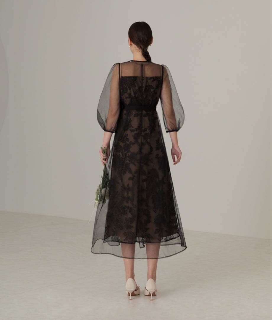 【LEJA】チュールパイピングリーフベルトAラインドレスワンピース