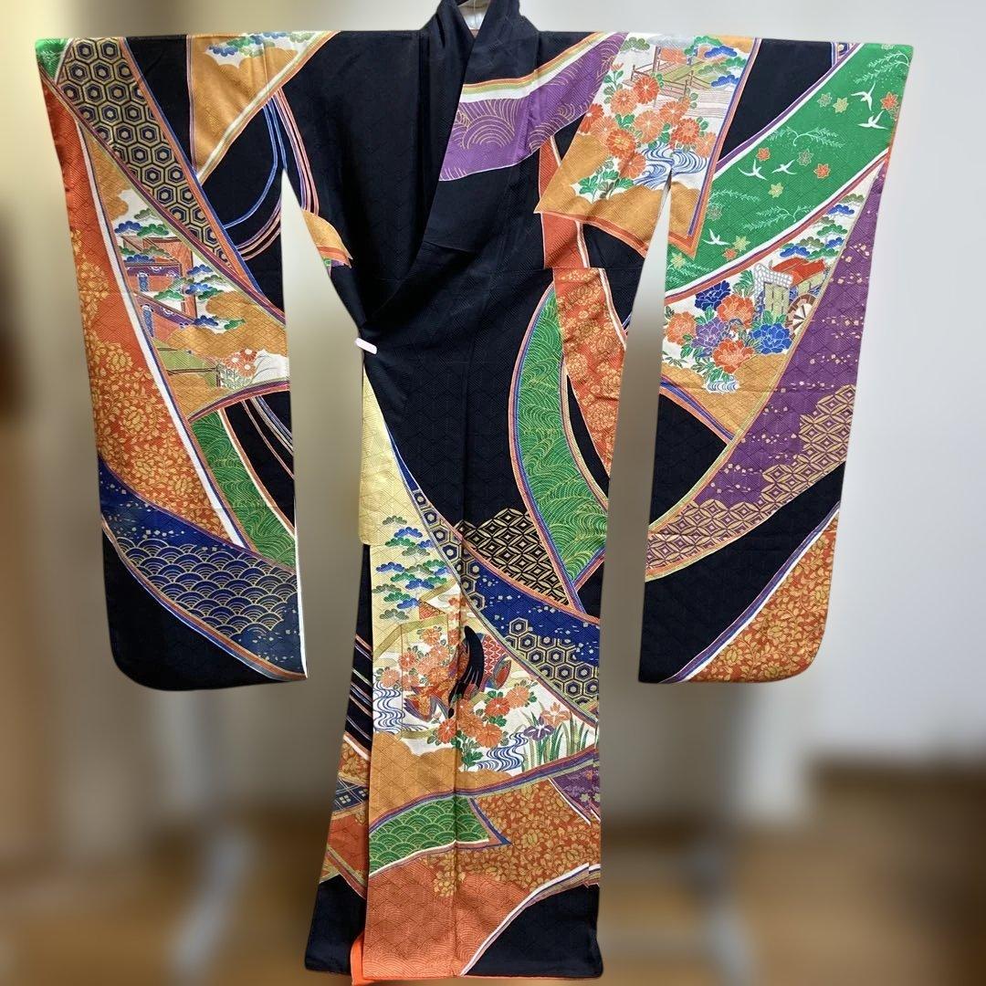 A 振袖 袷 正絹 黒地 お姫様 御所車 菊 菖蒲 着物 和装 和物 成人式