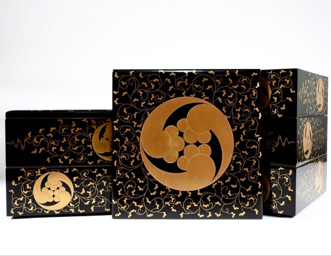 茶道具 輪島塗 上等黒内梨地金蒔絵 五段重 重箱