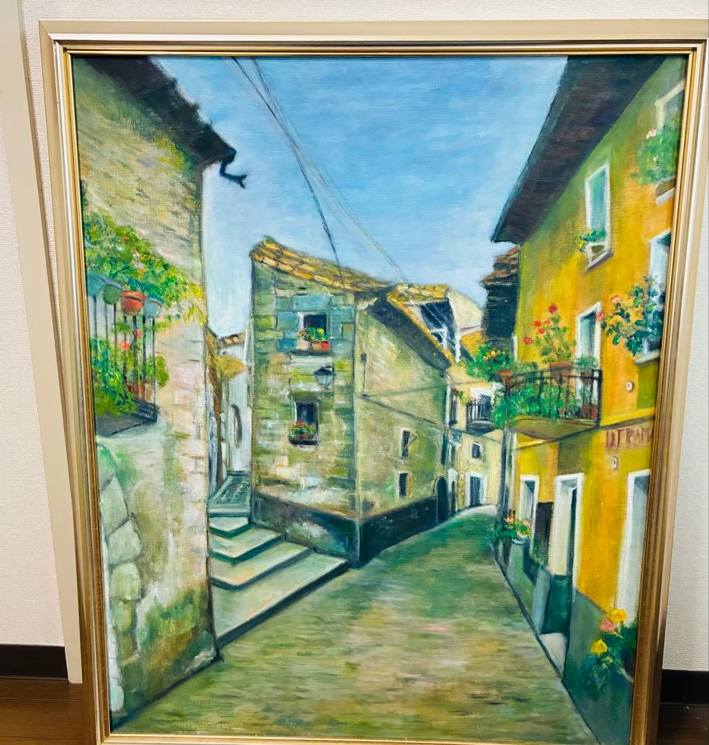 油彩画 街並み 大きめ 金色フレーム