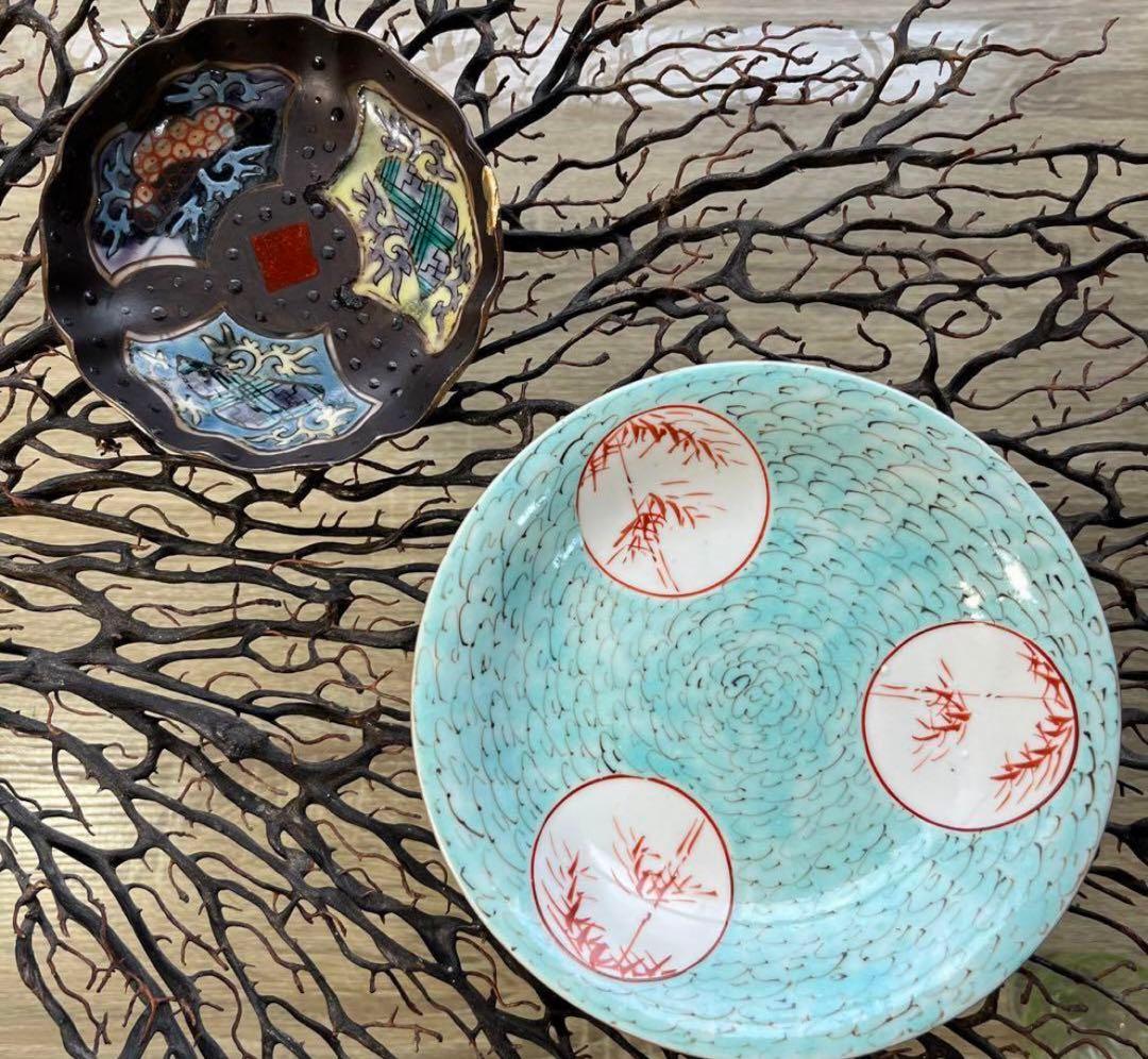 骨董 中国 古陶 清朝 粉彩 十錦手 希少 暗色色絵 波縁 豆