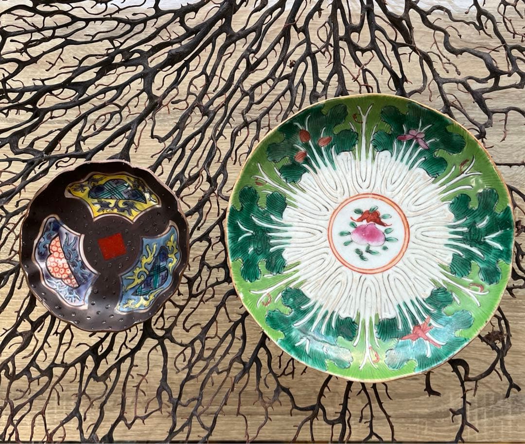 骨董 中国 古陶 清朝 粉彩 十錦手 希少 暗色色絵 波縁 豆