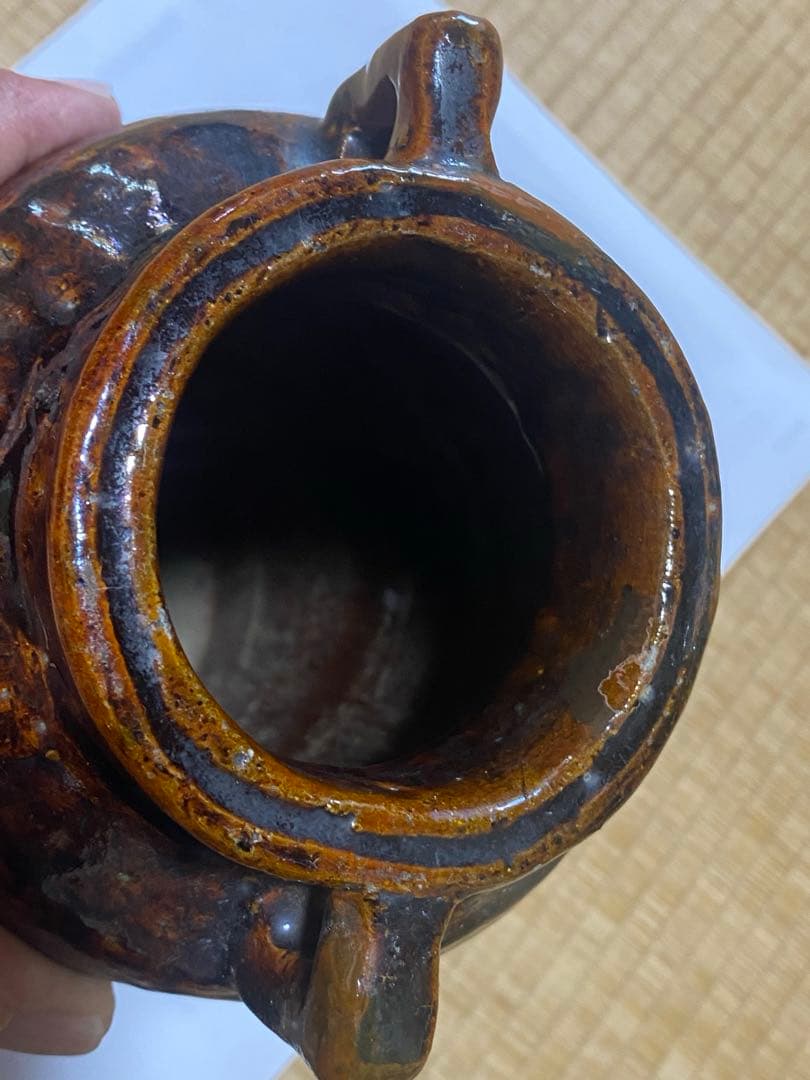 ♢希少！大樋焼 時代物 飴釉箆面取り 双耳壺 瓶 華道 茶道具 花生け