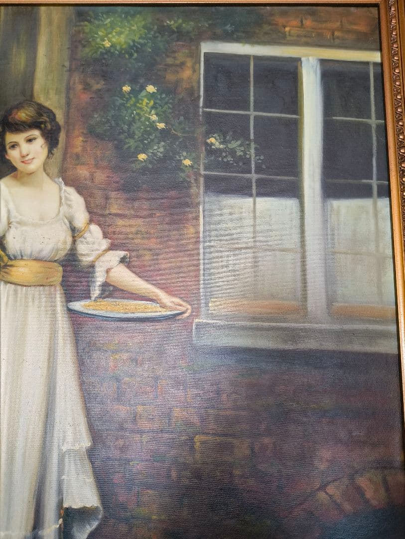 大型絵画　金縁額縁入り　女性絵　鶏　窓　アンティーク　洋風　油絵　洋間　ホテル