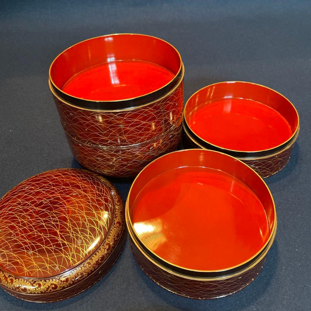 時代物「秋草に露 蒔絵」の『丸型重箱』仕覆・共箱付※美