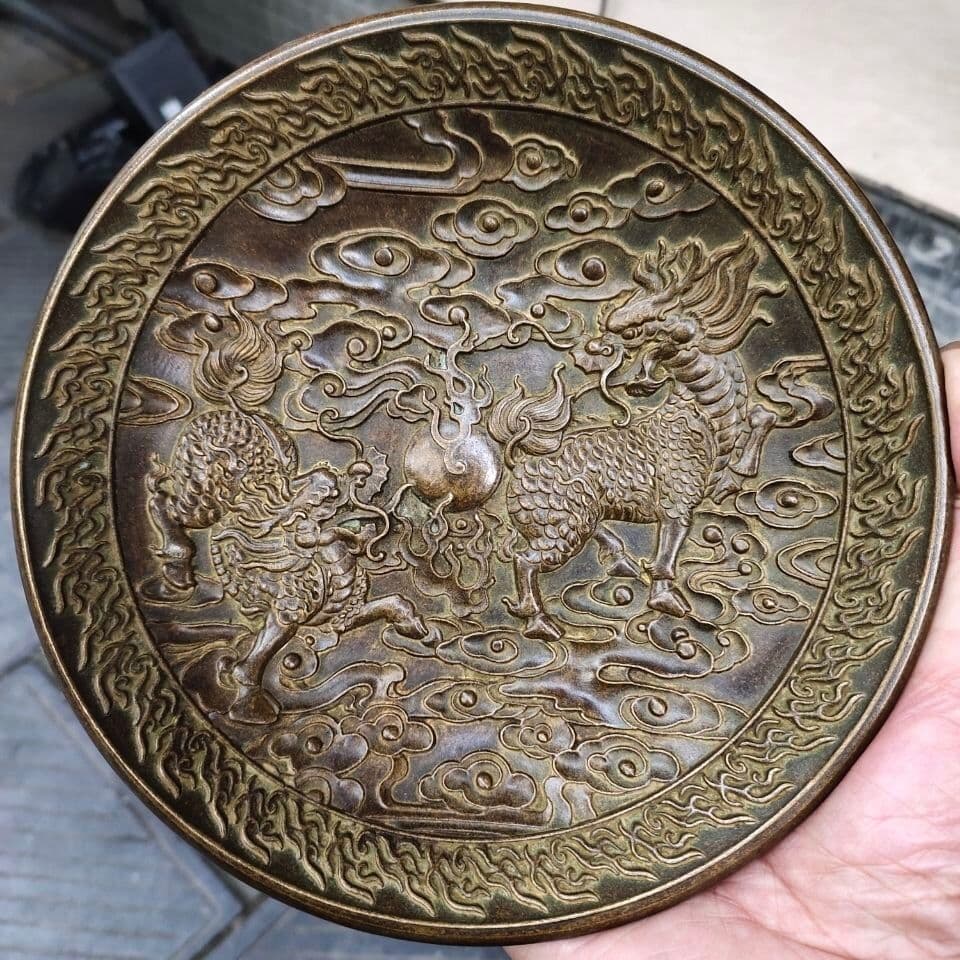 重工 彫刻 祥雲瑞獣 麒麟 大銅盤 銅製品 鎮宅辟邪 開運風水 招財