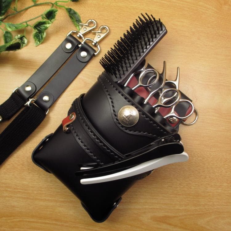 ブラック＆赤色　５丁差し　本革シザーケース　SCA-40/CKA