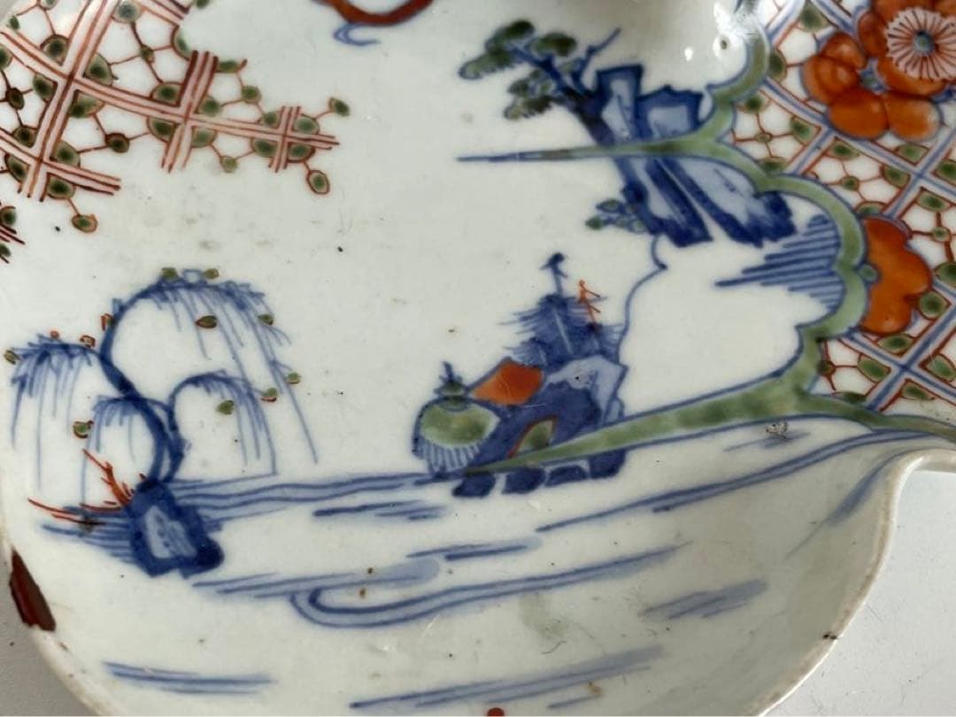 2 骨董 アンティーク 色絵古九谷 色絵山水文瓢形向付 変形皿 古