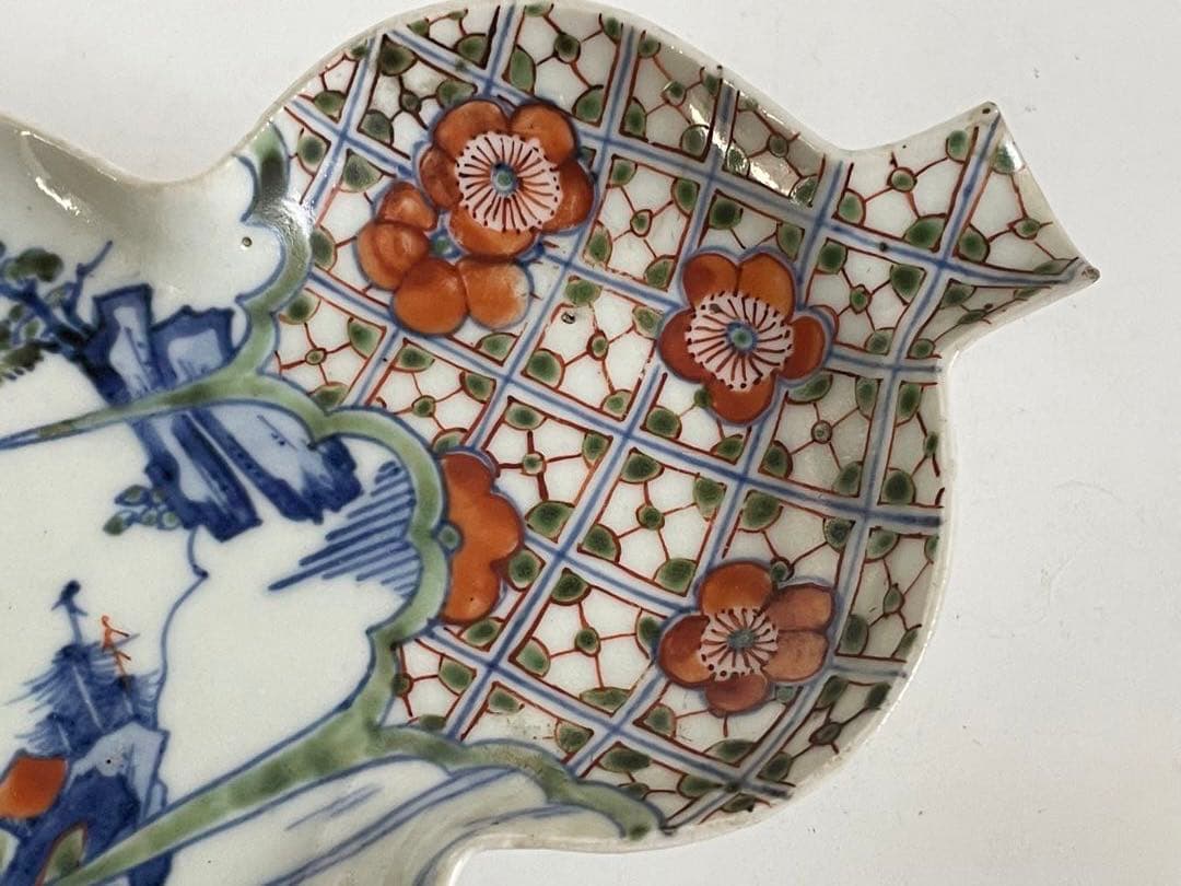 2 骨董 アンティーク 色絵古九谷 色絵山水文瓢形向付 変形皿 古