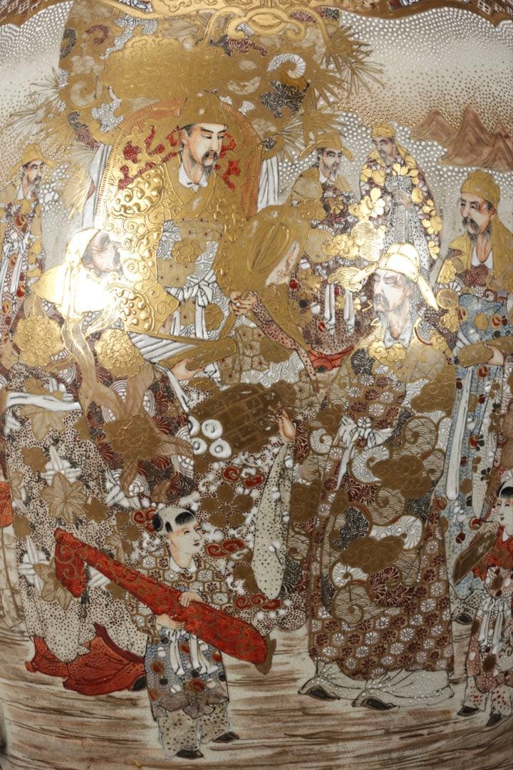 極上薩摩焼】特大金襴手色絵賢人図獅子摘蓋獅 子耳大香炉 飾壺 時代