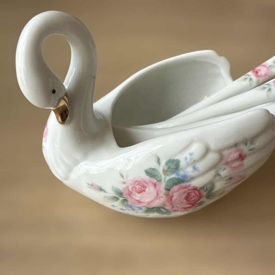 レトロ スワン陶器 スプーン 4本 ティースプーン 花柄 バラ柄 白鳥の