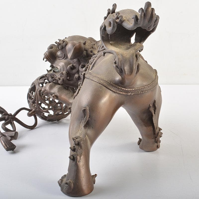 中国古銅宣徳銅玉乗り獅子香炉置物YR7427