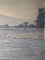 真作】絵画 油彩8号 静寂なる湖畔と遠山 ブルートーンに包まれた朝景