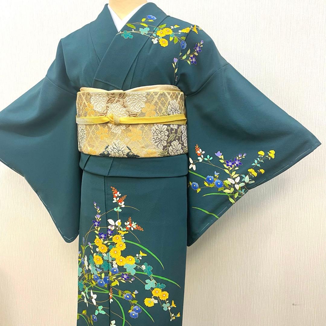 梅乃【168】正絹 訪問着 フルセット 上質 極美品 作家 濃青緑 - メルカリ