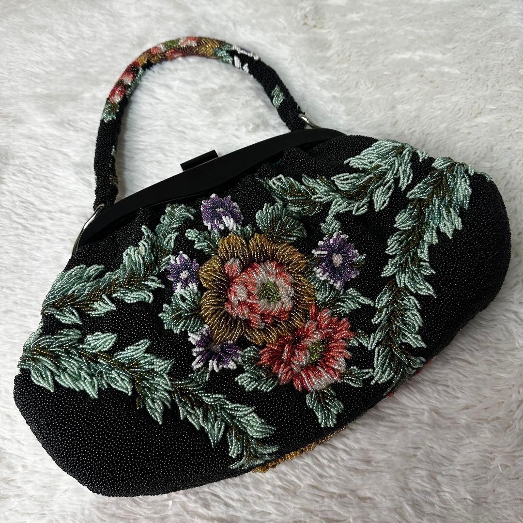 極美品 ビーズバッグ　アンティーク　総ビーズ 和装 花