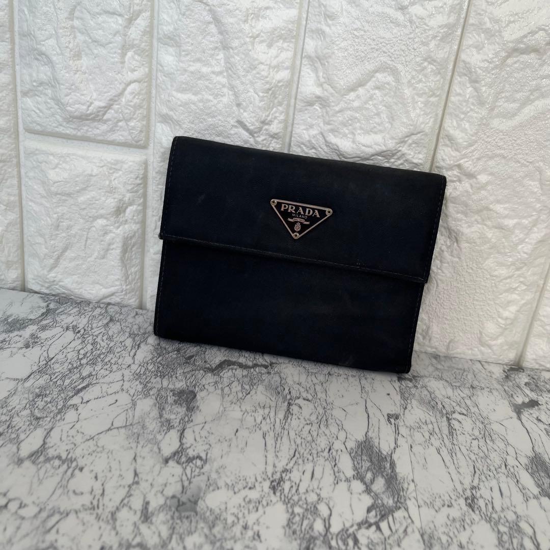 PRADA プラダ 三角プレート ナイロン×サフィアーノ ミニ財布 三つ折り