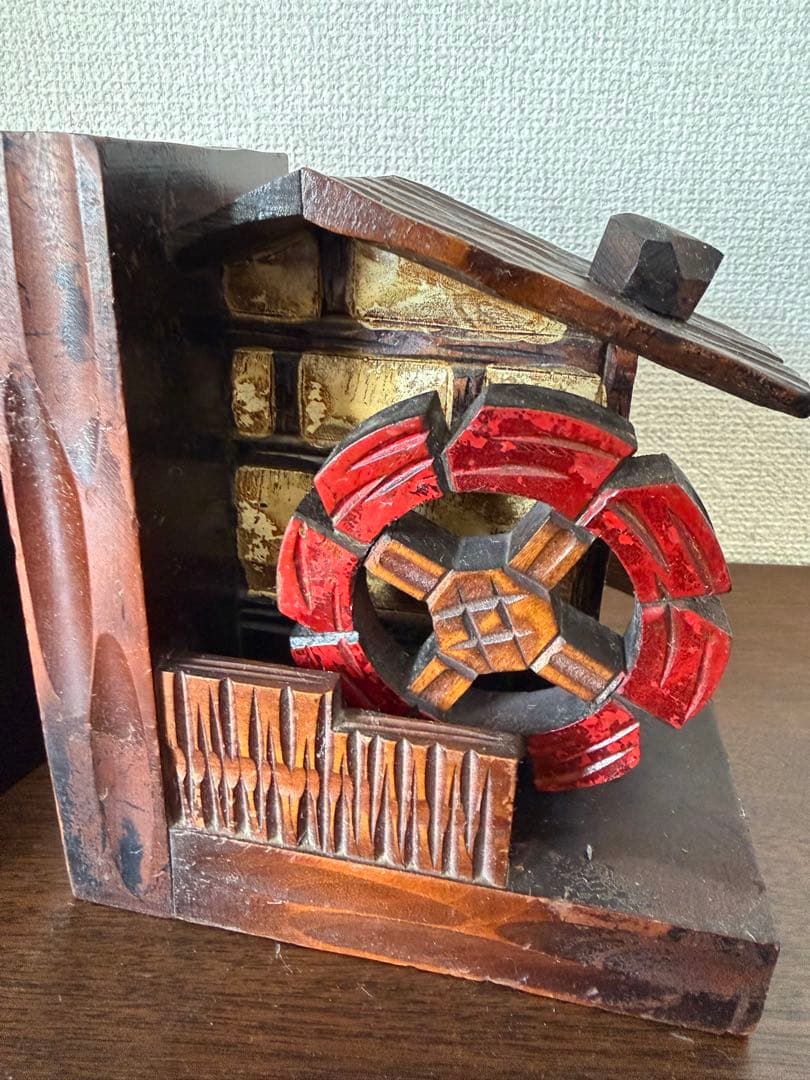 オルゴール付き木製ブックエンド 水車小屋 ランプ 昭和レトロ 18弁