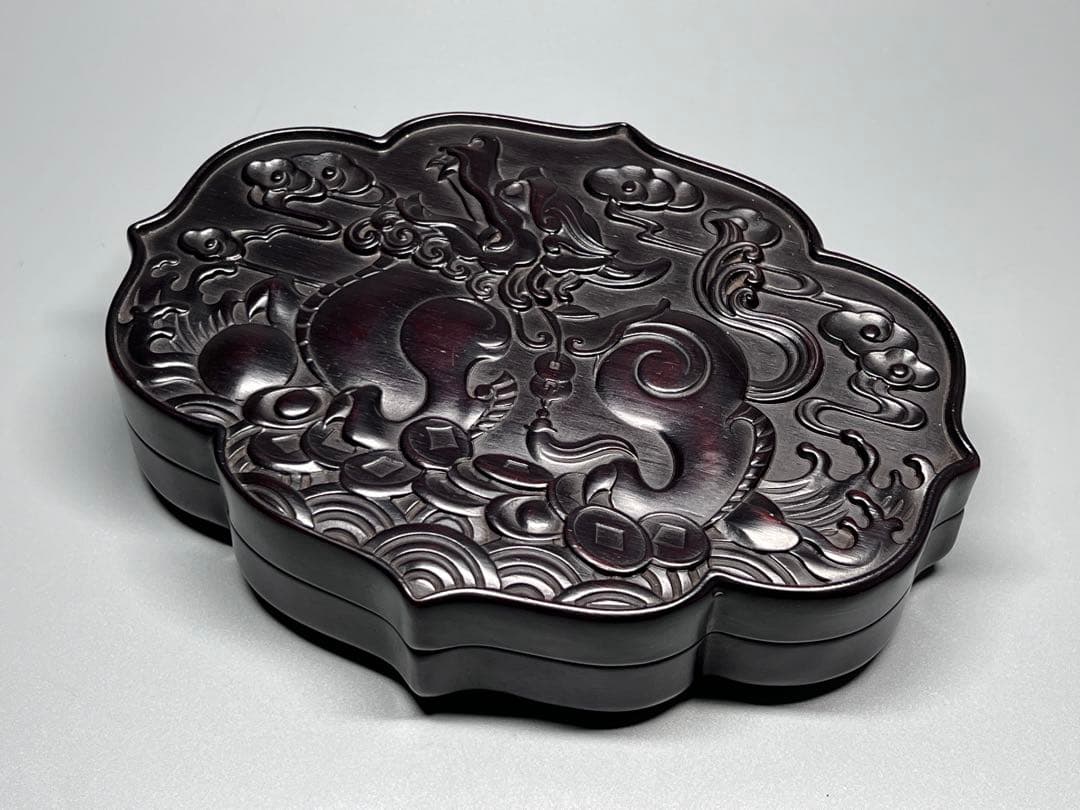 木製 小物入れ 紫檀 硯箱 香合 浮彫 神獣紋 極細工 文房具 中国美術 美