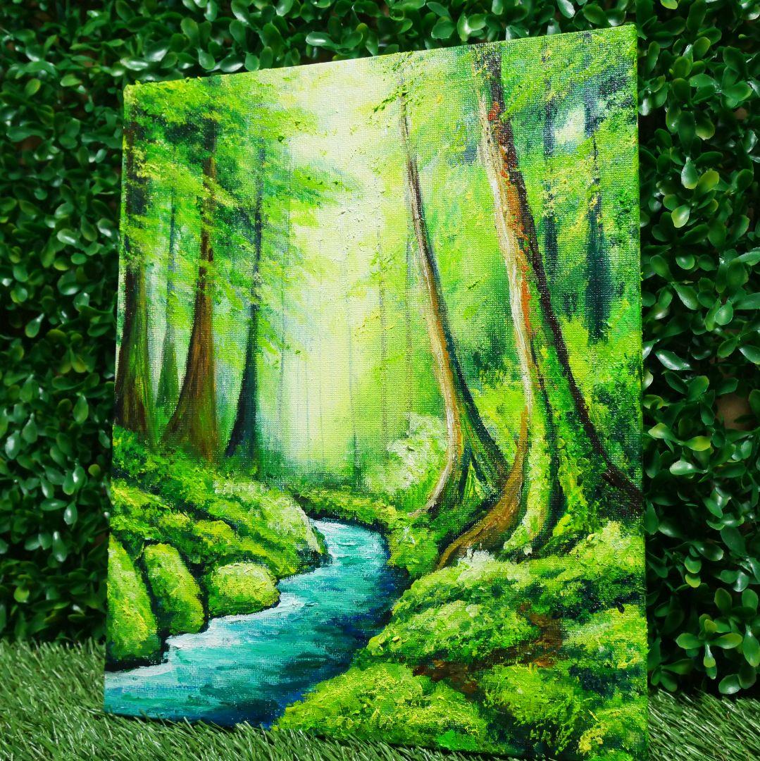 油絵 油彩 油彩画 絵 絵画 【新緑の渓谷】