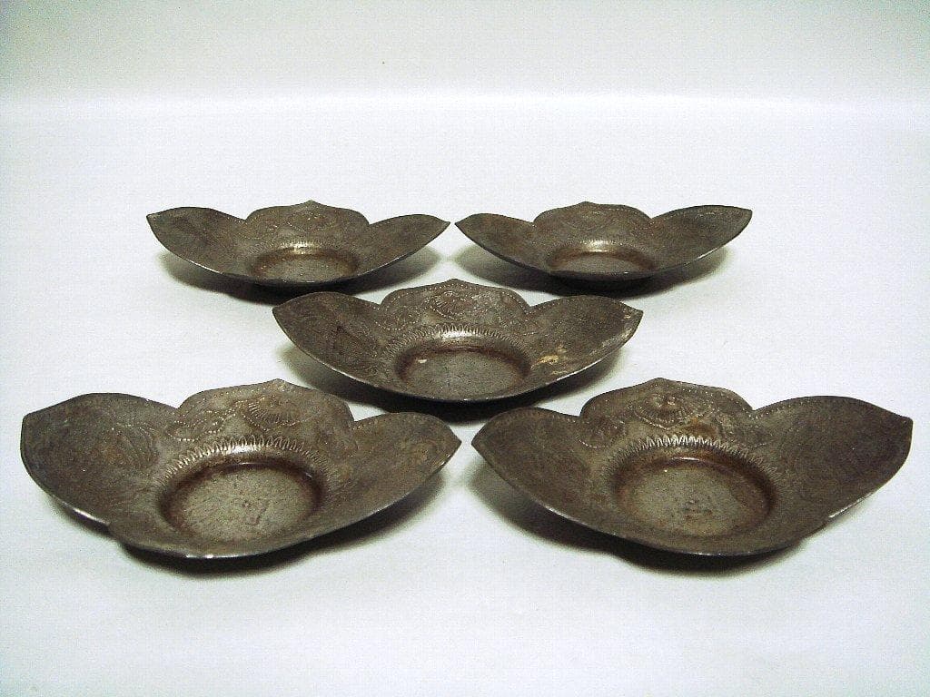 624『中国美術 古錫 十字紋 茶托 5枚』/骨董品 古美術 古玩 アンティーク