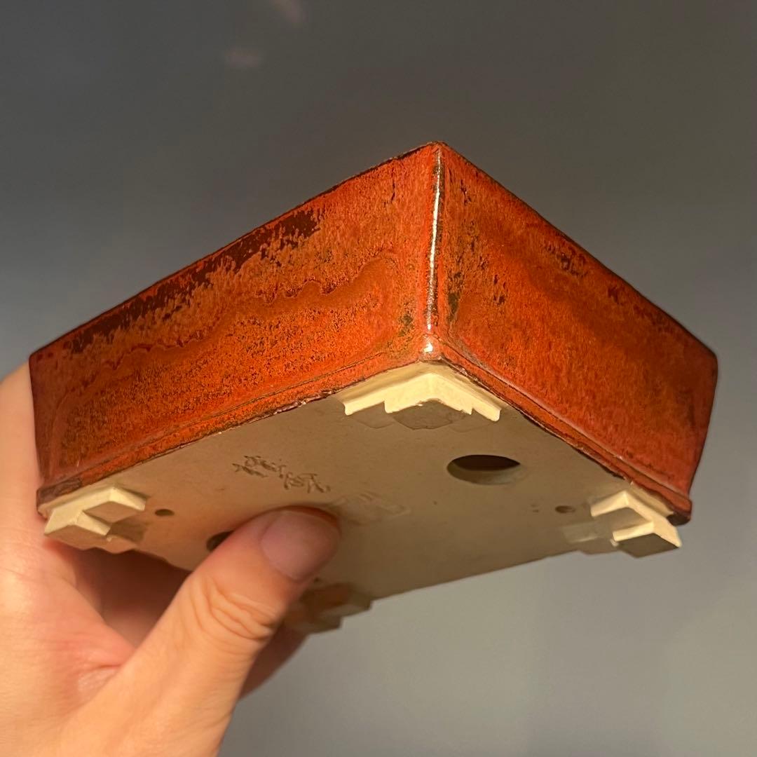 749.桂雲 鉄紅釉段足長方 盆栽鉢 植木鉢 11.5*9.3*4.5cm