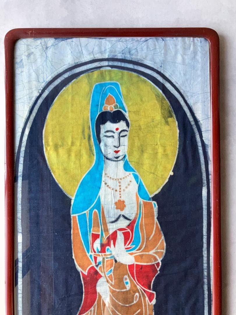 ろうけつ染め観音菩薩×昭和レトロ大判額縁 ヴィンテージ 骨董品