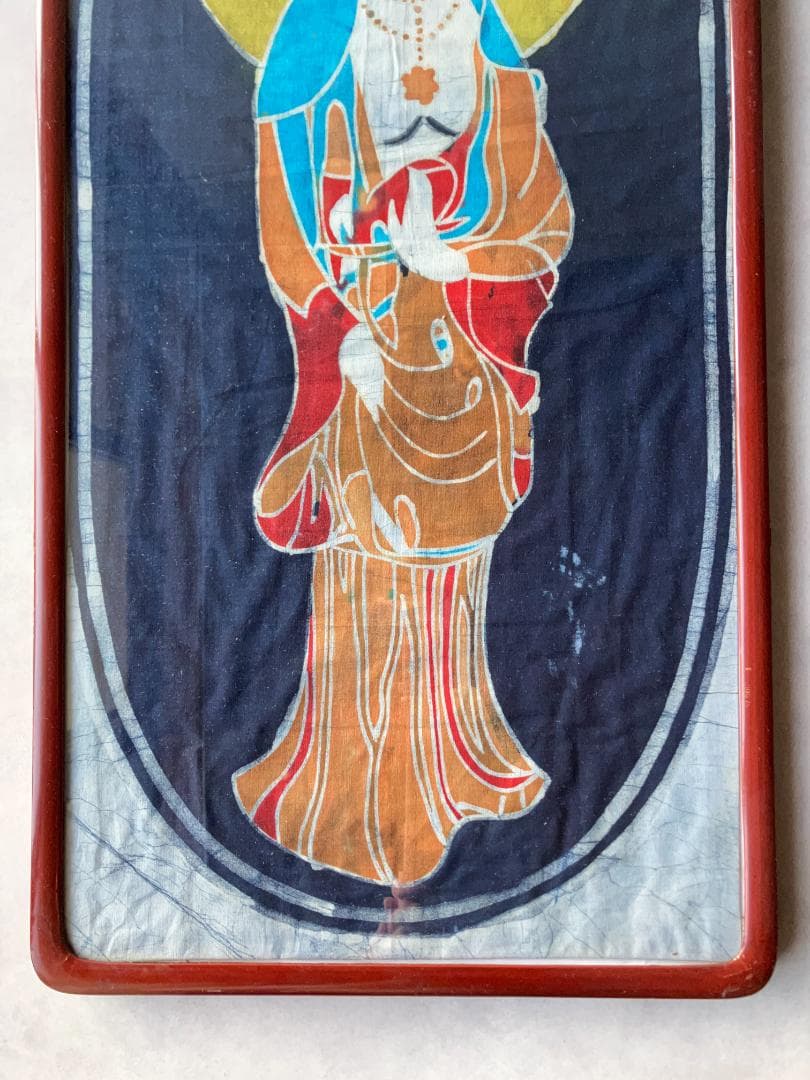 ろうけつ染め観音菩薩×昭和レトロ大判額縁 ヴィンテージ 骨董品