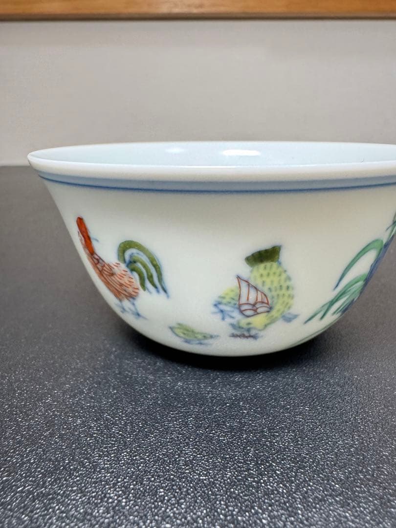 大明成化年製 鶏図 色絵 茶杯 古陶磁 中国茶器 色絵 鶏文