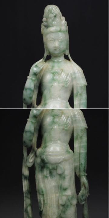 送料無料古い新潟糸魚川翡翠A貨彫刻観音立像 鑑定書付 31.5cm/1963g