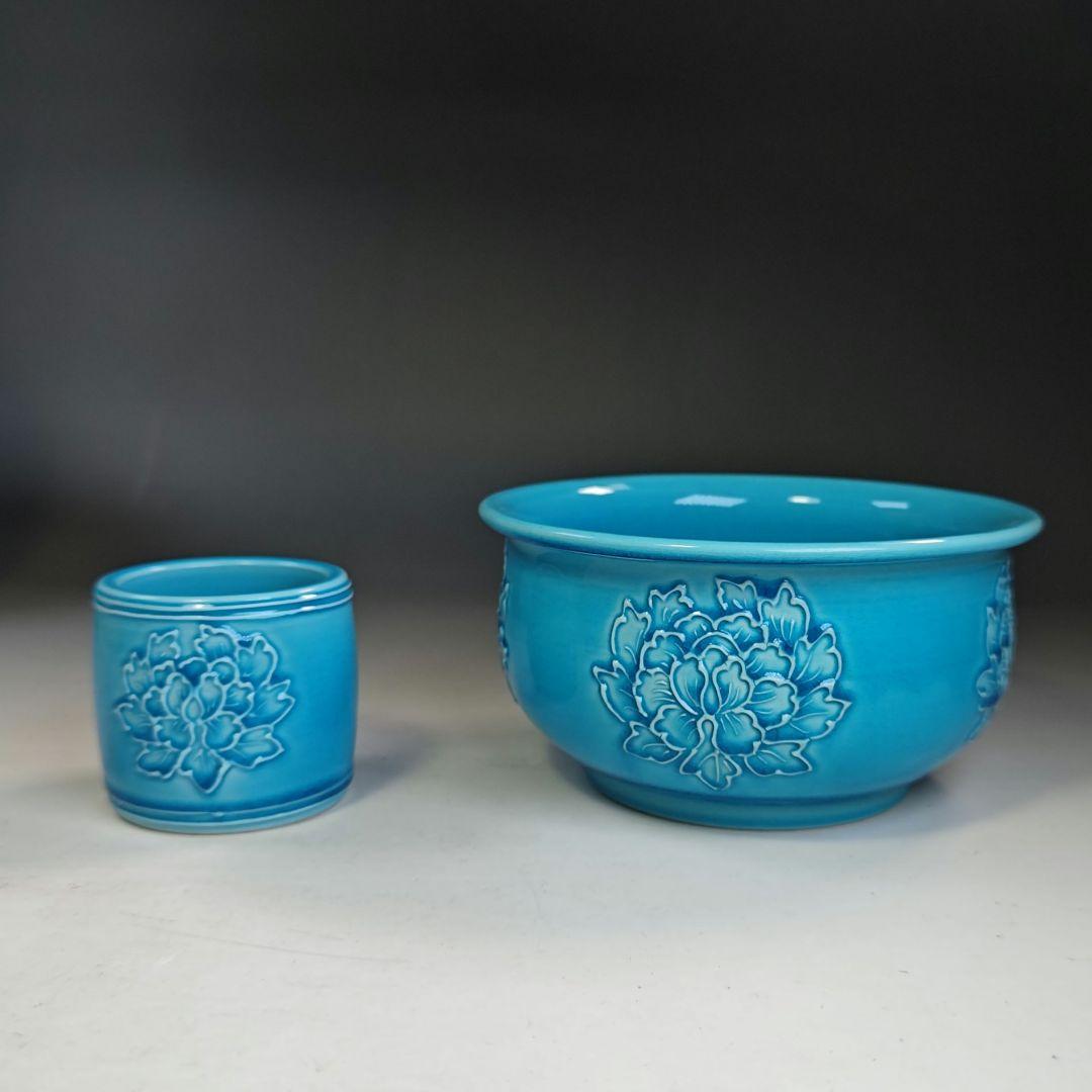 イ846 皆具『叶松谷作』『浅黄交趾 牡丹 皆具 木箱』茶道具 水