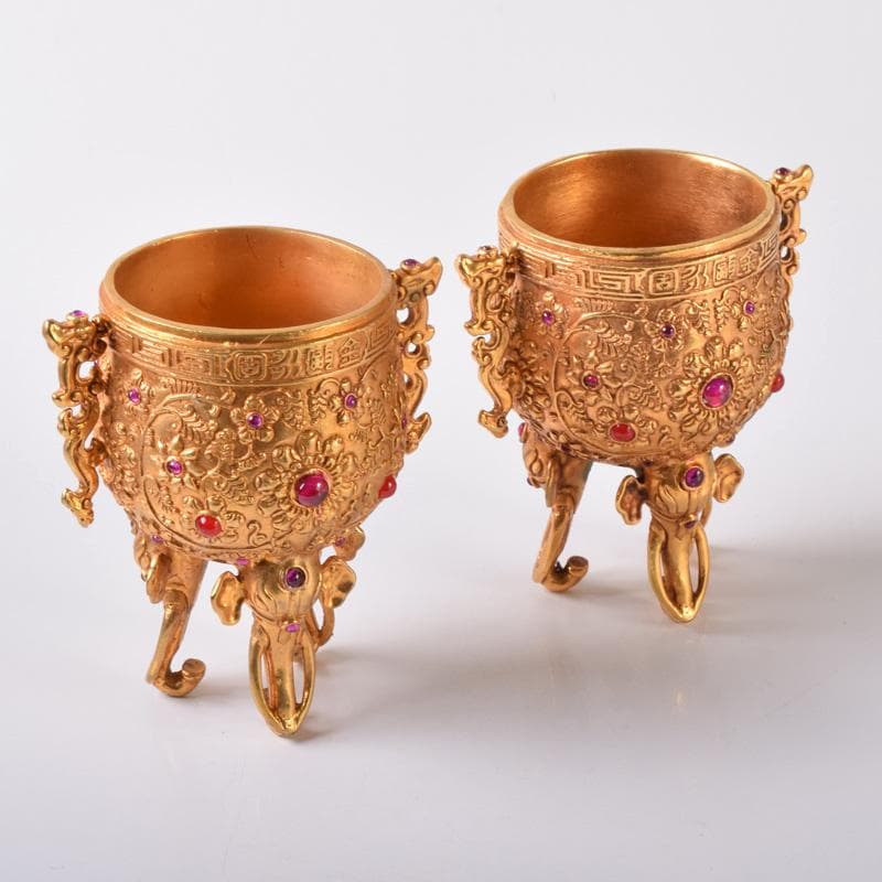 中国　古銅鍍金　双耳三つ足杯　一對　時代箱付　V　7593A