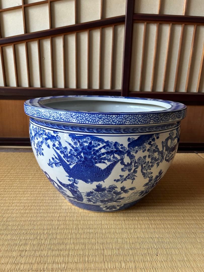 染付唐獅子牡丹花鳥図火鉢(直径約40.5cm) 火鉢 メダカ鉢 金魚鉢の通販