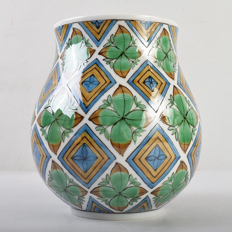 九谷焼 宮川哲爾造 色絵草花更紗文 花器 共布共箱 M R9235B