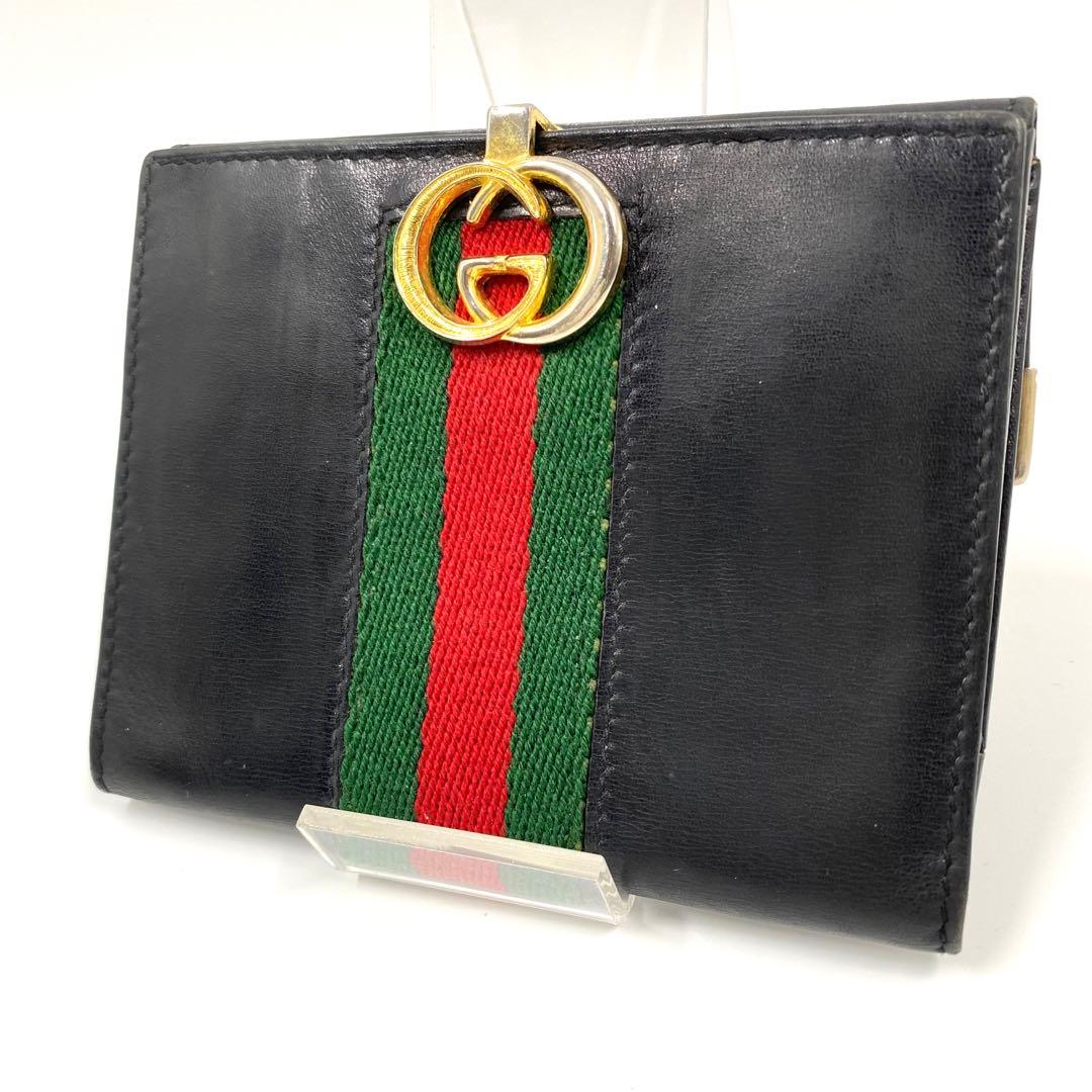グッチ 二つ折り財布 インターロッキング シェリーライン 黒 ゴールド