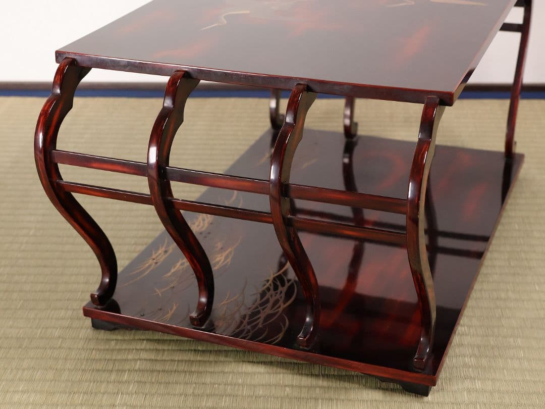 時代 漆芸 鶴図 金銀蒔絵 曙塗 八足 二段卓 木製 花台 銀露【MA661】