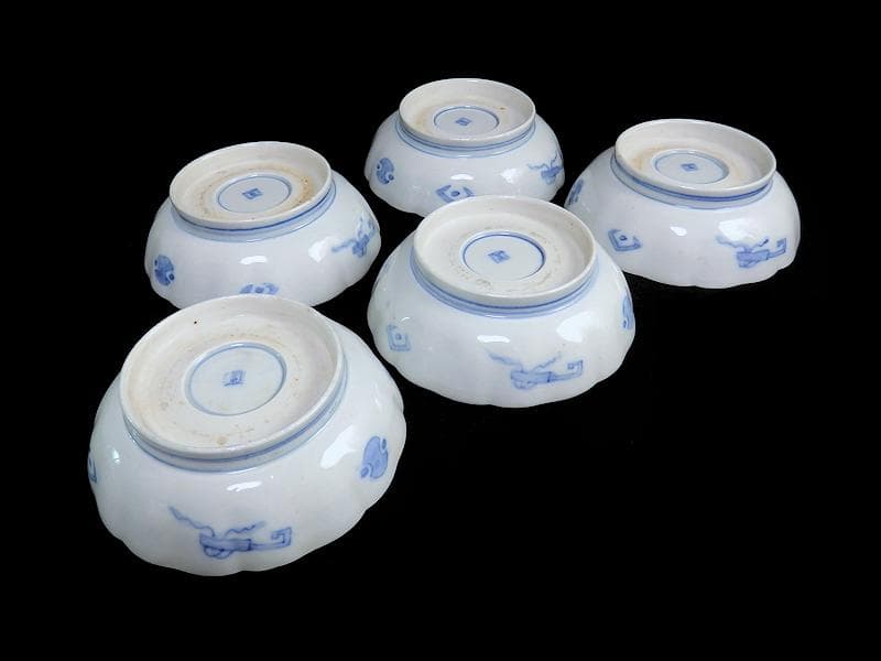 古伊万里 染付 巾着に宝尽くし 麒麟の図 膾皿 5客 129AS-CVv