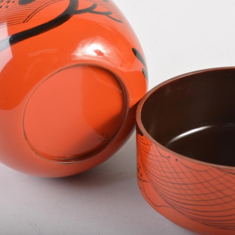 茶道具　塗師　中村宗哲作　朱塗　鶴松文　中棗　時代箱付　V　6508