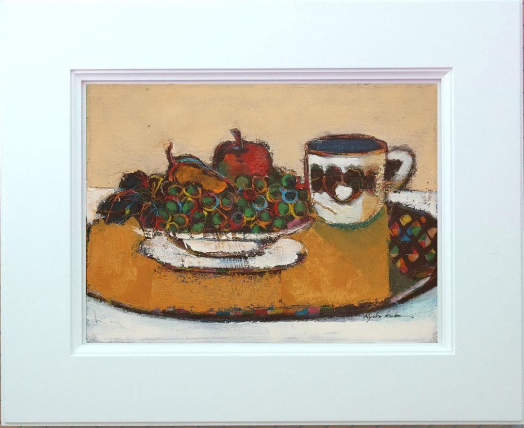 油絵 絵 絵画インテリア 額付(青緑＋金色の枠) uF6-061204 フルーツ