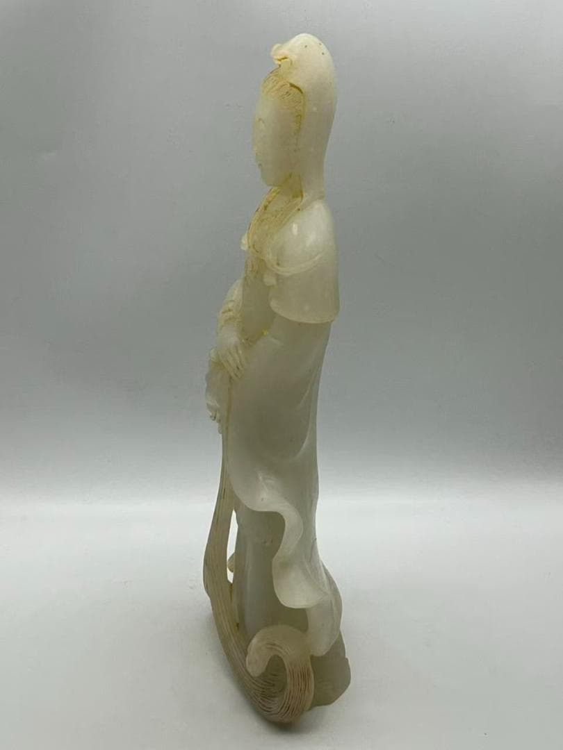 清乾隆時代 和田白玉観音 白和田玉彫り 仏教用品 仏像 唐物(A-