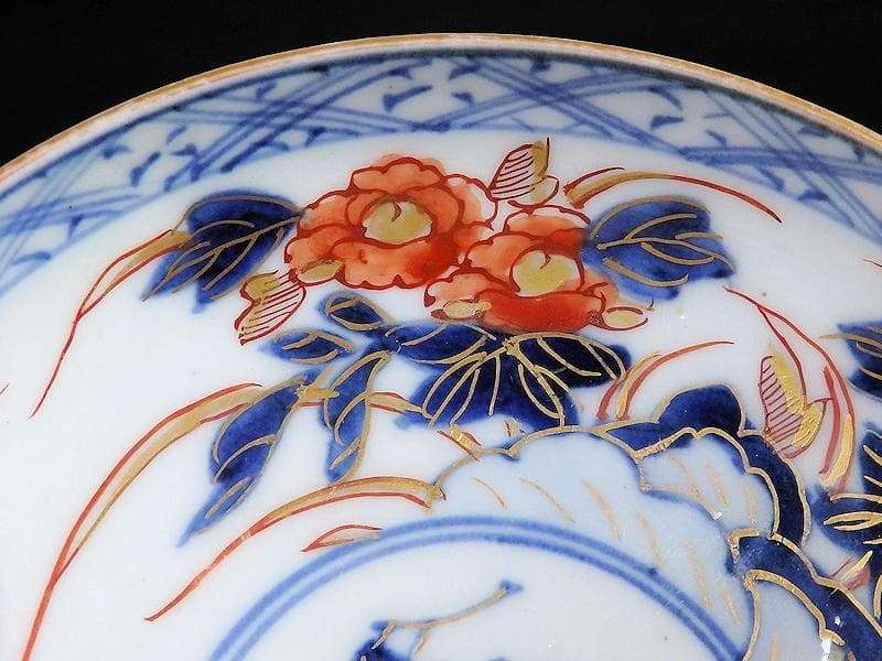 古伊万里　色絵　元禄写　菊に牡丹の図　４寸皿　５枚　 A081AS-MMv