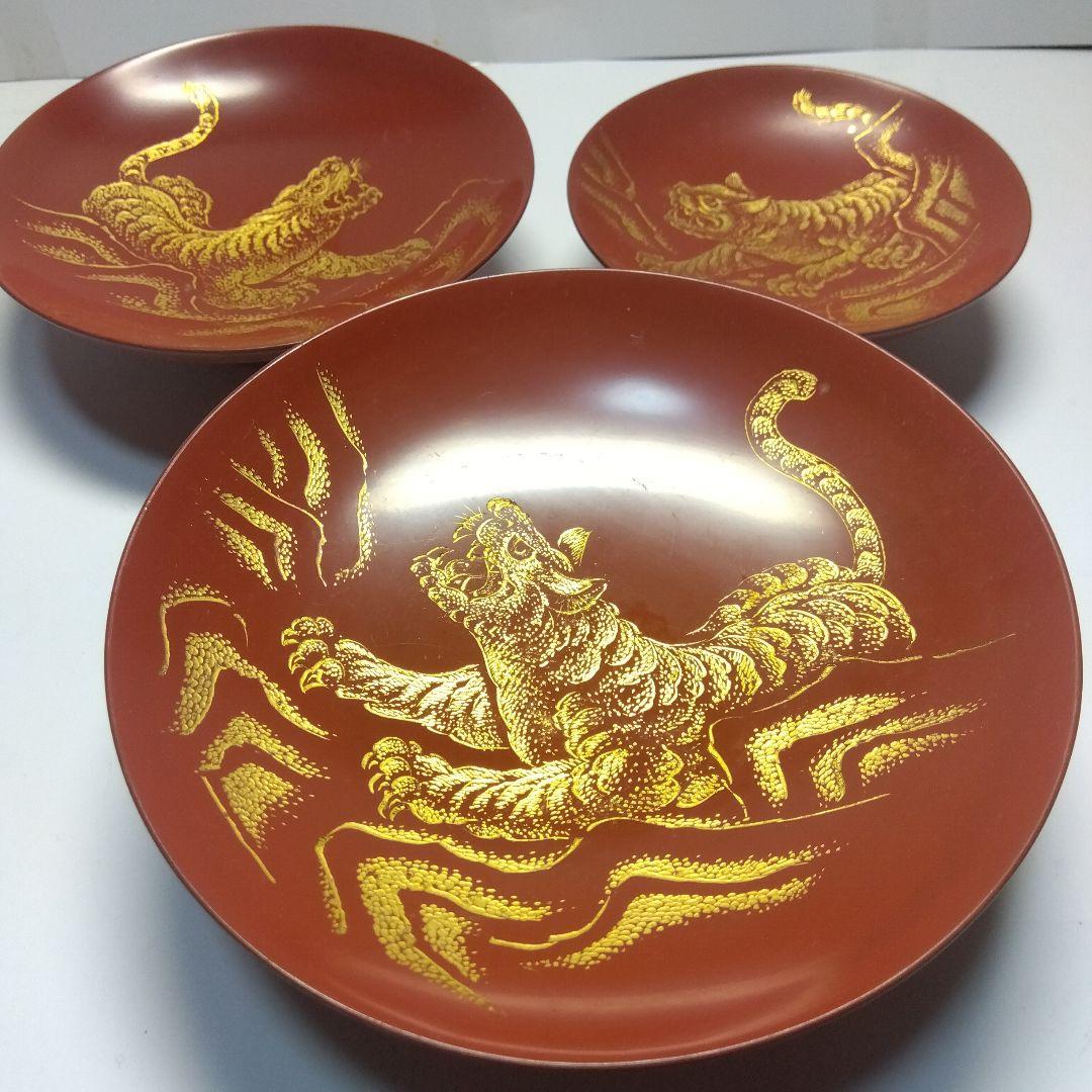 輪島塗 漆器三ッ組盃 沈金 虎の図 在銘 松竹梅 天然木 当日物 美品