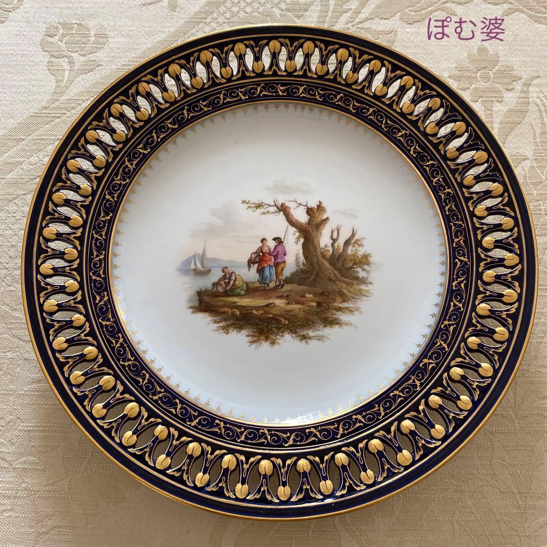 アンティーク] 港湾風景と花が描かれた絵皿