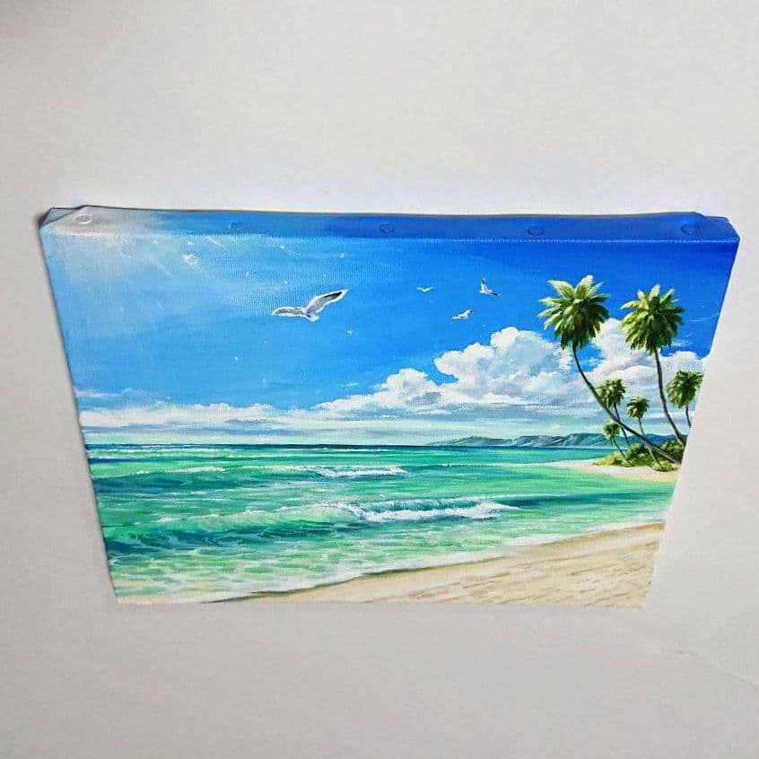 エメラルドグリーンの海】アクリル画 F3 風景画 絵画