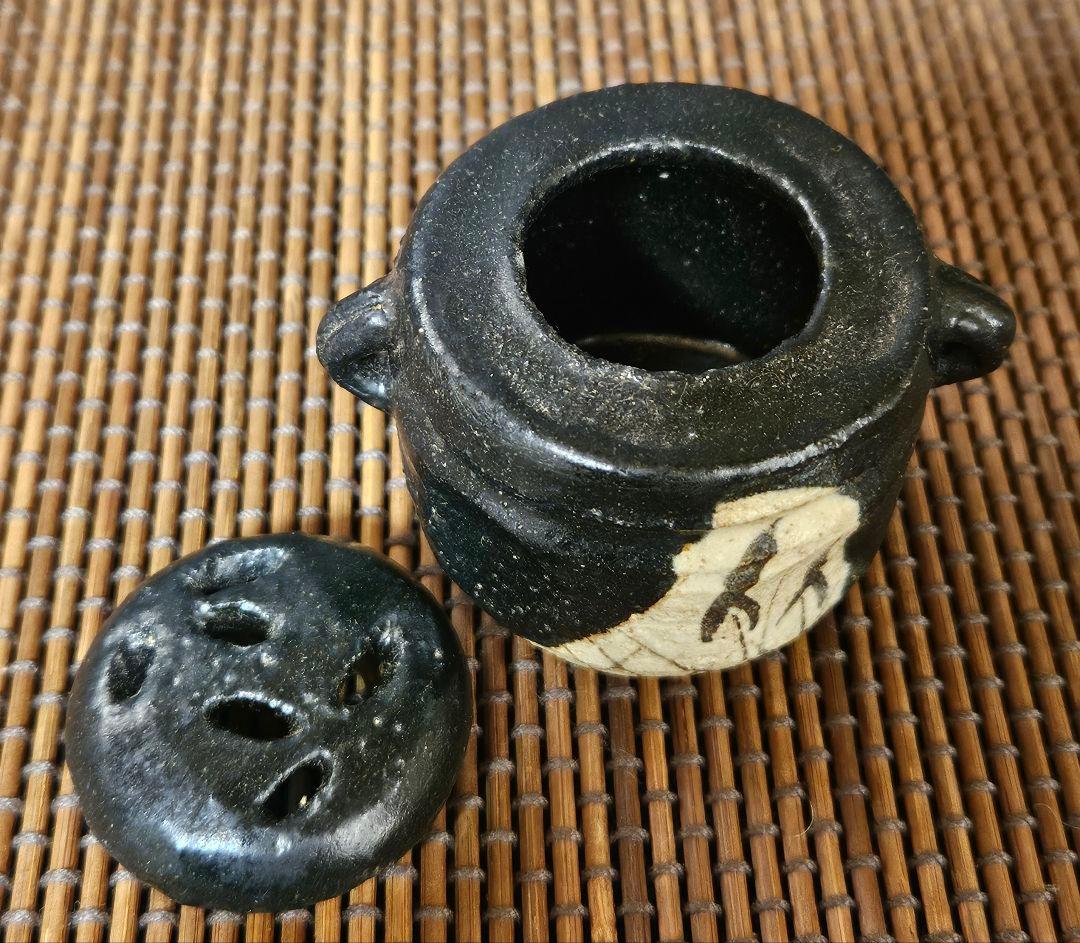 明治時代　古美濃　古瀬戸　黒織部　鉄絵　草文様　双耳　香炉　茶道具　茶器　香道具