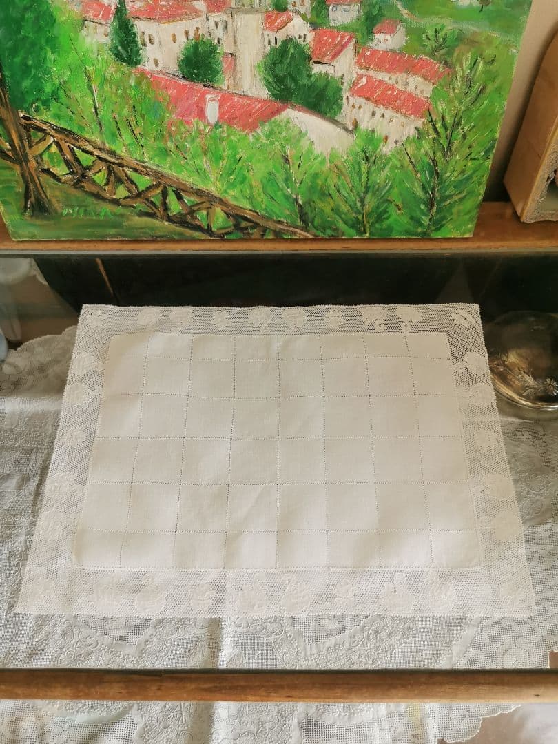 アンティーク ポワンドパリ 白鳥と水草 格子ドローンワーク 極細糸