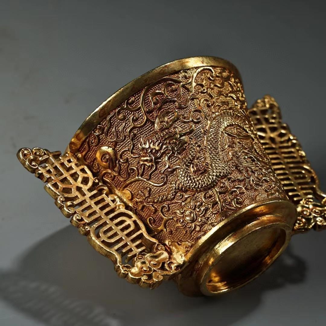 中国古美術・旧蔵収鎏金龍酒具・純銅细密彫・純手作り・高