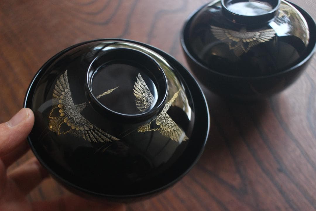 デッドストック！上質黒漆に極上鶴沈金の映えるお椀2点（検輪島塗沈金椀雑煮椀