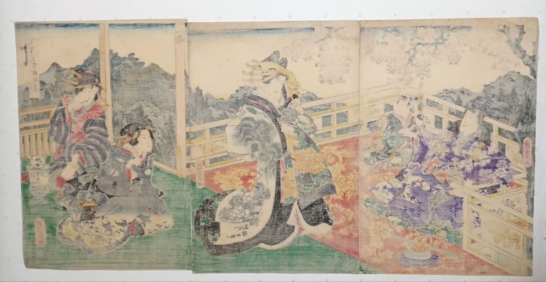 浮世絵版画、げんじ今様絵巻三枚綴り 二代国貞と国玉の合